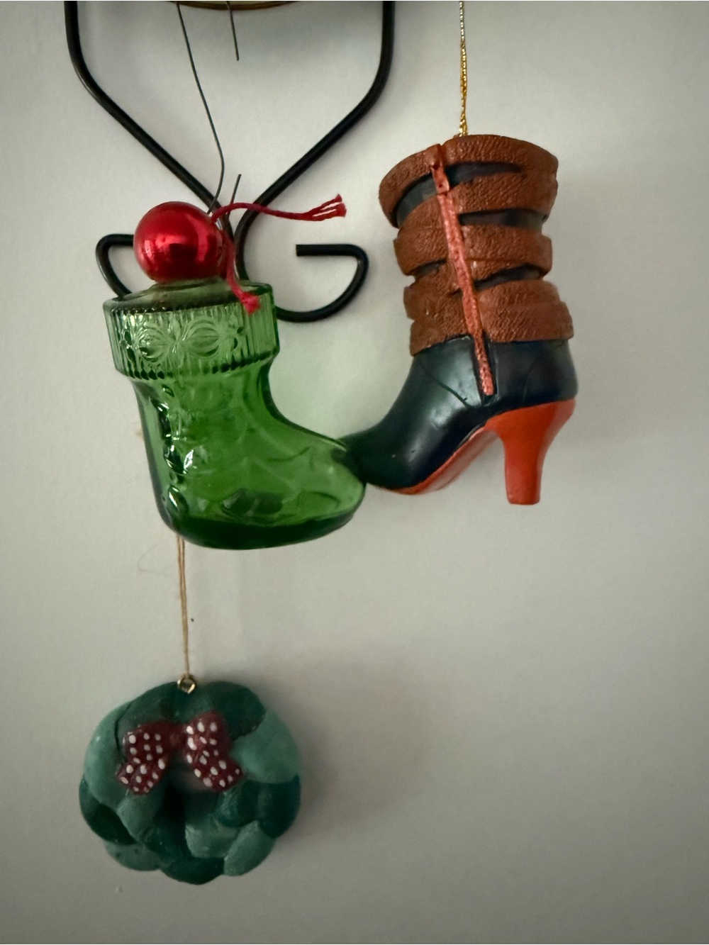 Set of 3 Inspired Green Glass & Black/Orange Boot Ornament, green donut.